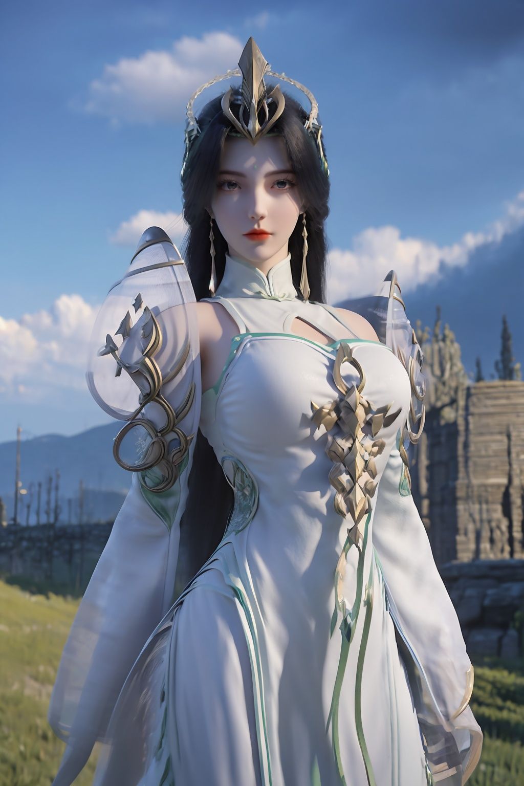 liushen,masterpiece,best quality, 1girls, solo, long hair, black hair, hair ornament, dress, jewelry, closed mouth, earrings, sky, cloud, white dress, shield , perfect female body, looking at viewer, extremely detailed CG unity 8k wallpaper, Amazing, finely detail,cinematic lighting, floating hair, outdoors, sky, wind, detailed background, beautiful detailed eyes, bright pupils, ((cowboy shot:1.4)),dynamic pose,(rainbow-candy:0.8),(style-swirlmagic:0.8),(flower_style:0.8), looking at viewer,