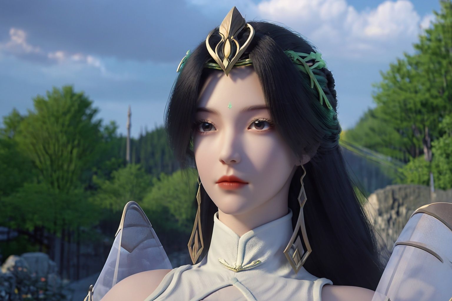 liushen,masterpiece,best quality, 1girls, solo, long hair, black hair, hair ornament, dress, jewelry, closed mouth, earrings, sky, cloud, white dress, shield , perfect female body, looking at viewer, extremely detailed CG unity 8k wallpaper, Amazing, finely detail,cinematic lighting, close-up, floating hair, outdoors, sky, wind, detailed background, beautiful detailed eyes, bright pupils, ((upper body:1.4)),dynamic pose,(rainbow-candy:0.8),(style-swirlmagic:0.8),(flower_style:0.8) , 