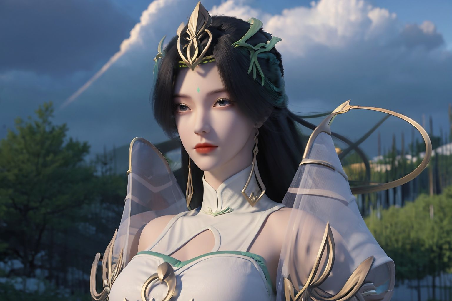 liushen,masterpiece,best quality, 1girls, solo, long hair, black hair, hair ornament, dress, jewelry, closed mouth, earrings, sky, cloud, white dress, shield , perfect female body, looking at viewer, extremely detailed CG unity 8k wallpaper, Amazing, finely detail,cinematic lighting, close-up, floating hair, outdoors, sky, wind, detailed background, beautiful detailed eyes, bright pupils, ((upper body:1.4)),dynamic pose,(rainbow-candy:0.8),(style-swirlmagic:0.8),(flower_style:0.8) , 