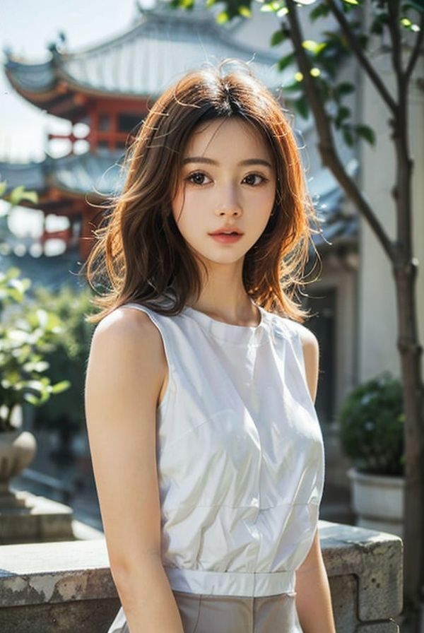best quality,masterpiece,realistic,1girl,blurry, depth_of_field, blurry_background, building, blurry_foreground, east_asian_architecture, architecture, (upper body:1.2),city, 3d, solo, outdoors, cityscape, skyscraper, day, pagoda,