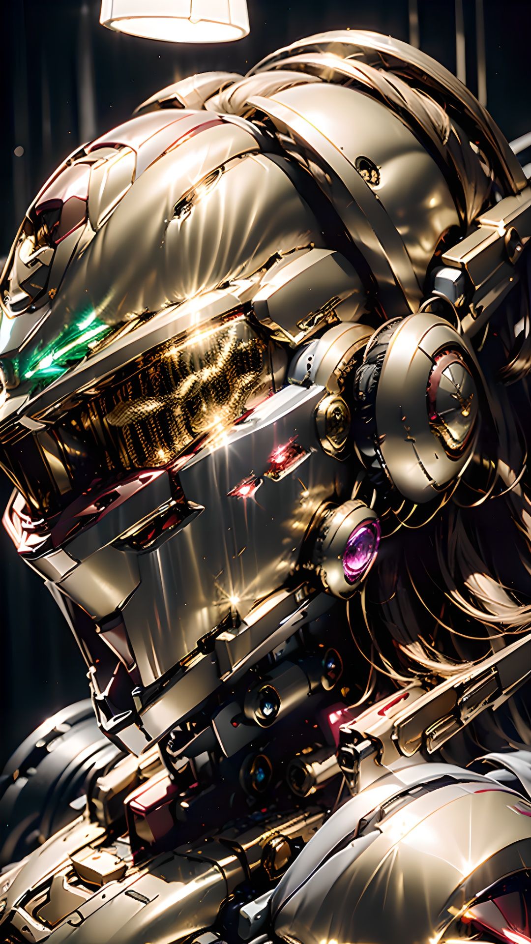 (the best quality), (masterpiece), (details: 1.4),1girl，(solo：2), multi light source mecha,(Golden mecha:1.8), bright red light， colorful light，Up close, side shot, head close-up, super exquisite helmet，eyes staring at the camera,mecha, helmet,(Full coverage helmet headphones:1.6), earrings, necklace, glowing，(electronic light source: 1.5), (line light), (circuit board texture clothing: 1.2), (light-emitting electronic pattern: 1.5), HDR (High dynamic range), ray tracing, NVIDIA RTX, super resolution, illusion 5,  Octane rating rendering,one-third rule, 8K RAW, (high light and dark contrast: 2),1girl,cyberpunk,glowing,science_fiction, realistic ,