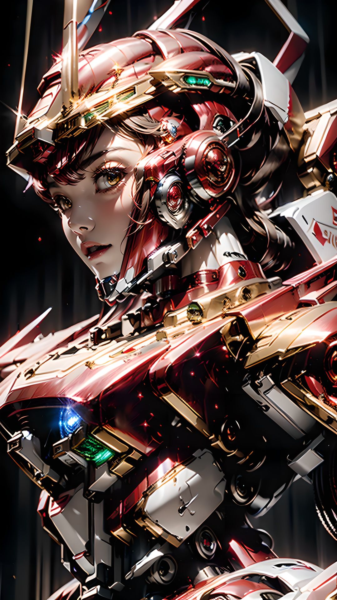 (the best quality), (masterpiece), (details: 1.4),1girl，(solo：2), multi light source mecha,(Red and black mecha:1.8), bright red light， colorful light，Up close, side shot, head close-up, super exquisite helmet，eyes staring at the camera,mecha, helmet,(Full coverage helmet headphones:1.6), earrings, necklace, glowing，(electronic light source: 1.5), (line light), (circuit board texture clothing: 1.2), (light-emitting electronic pattern: 1.5), HDR (High dynamic range), ray tracing, NVIDIA RTX, super resolution, illusion 5,  Octane rating rendering,one-third rule, 8K RAW, (high light and dark contrast: 2),1girl,cyberpunk,glowing,science_fiction, realistic ,