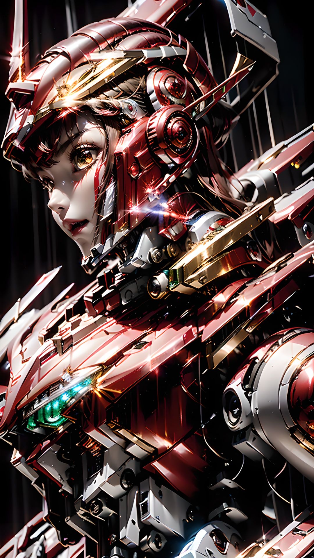 (the best quality), (masterpiece), (details: 1.4),1girl，(solo：2), multi light source mecha,(Red and black mecha:1.8), bright red light， colorful light，Up close, side shot, head close-up, super exquisite helmet，eyes staring at the camera,mecha, helmet,(Full coverage helmet headphones:1.6), earrings, necklace, glowing，(electronic light source: 1.5), (line light), (circuit board texture clothing: 1.2), (light-emitting electronic pattern: 1.5), HDR (High dynamic range), ray tracing, NVIDIA RTX, super resolution, illusion 5,  Octane rating rendering,one-third rule, 8K RAW, (high light and dark contrast: 2),1girl,cyberpunk,glowing,science_fiction, realistic ,