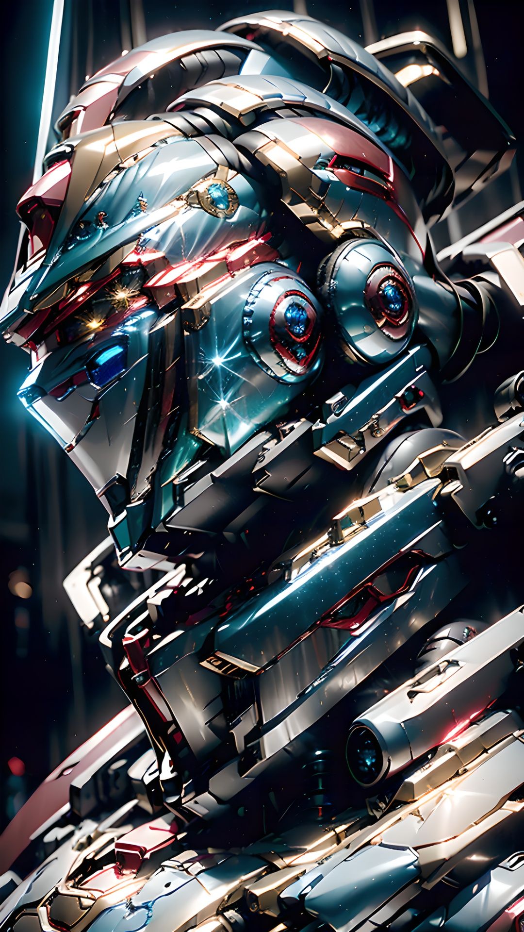 (the best quality), (masterpiece), (details: 1.4),1girl，(solo：2), multi light source mecha,(blue and black mecha:1.8), bright red light， colorful light，Up close, side shot, head close-up, super exquisite helmet，eyes staring at the camera,mecha, helmet,(Full coverage helmet headphones:1.6), earrings, necklace, glowing，(electronic light source: 1.5), (line light), (circuit board texture clothing: 1.2), (light-emitting electronic pattern: 1.5), HDR (High dynamic range), ray tracing, NVIDIA RTX, super resolution, illusion 5,  Octane rating rendering,one-third rule, 8K RAW, (high light and dark contrast: 2),1girl,cyberpunk,glowing,science_fiction, realistic ,
