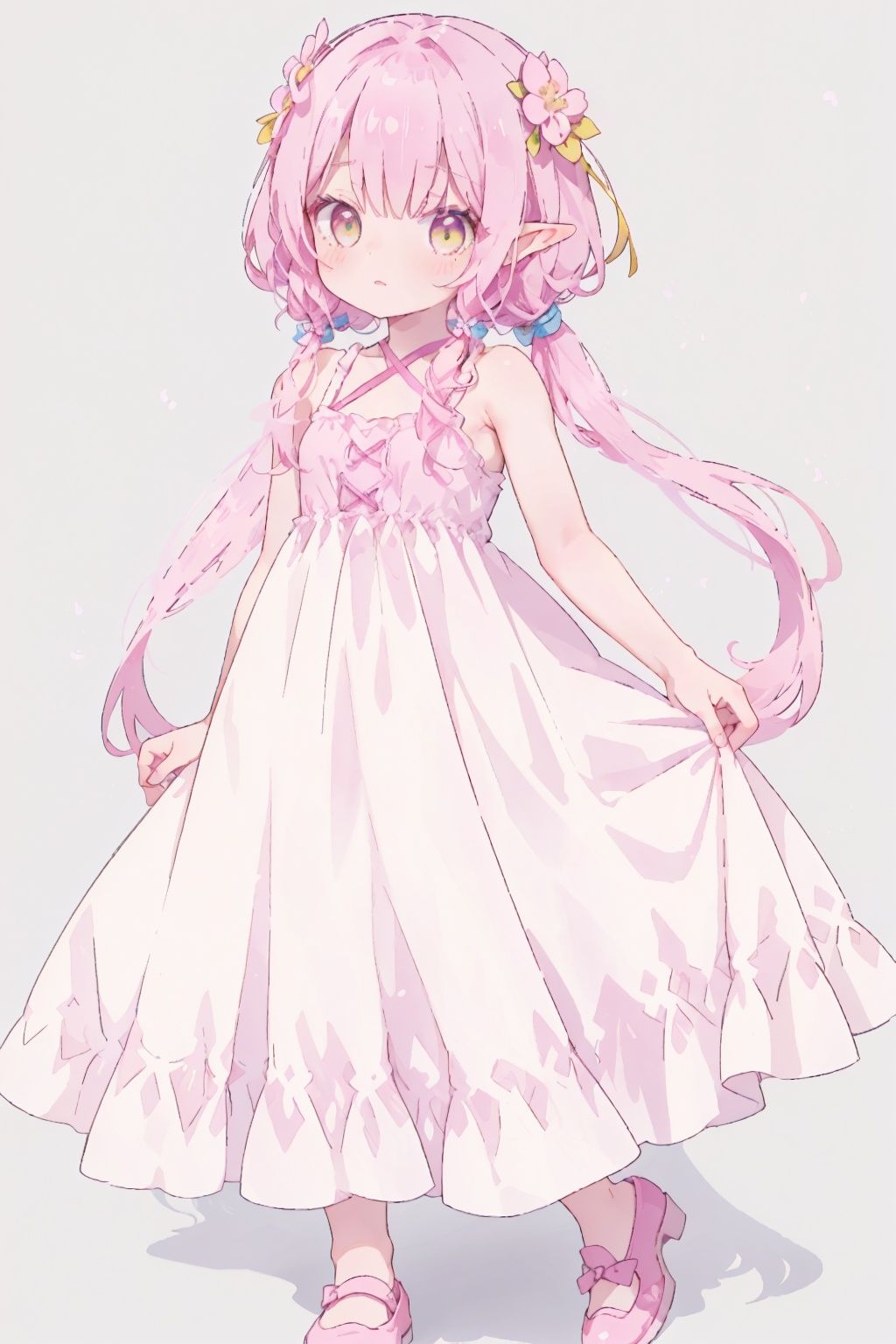 1girl,full_bod,hair flower,loli,elf,standing,long dress,pumps,pink hair, yellow eyes, hair cover one eye, hair tie, medium hair with long locks, low tied, low ponytail, long locks, solo locks,
small breasts, bare shoulders,
blush,babydoll,frilled