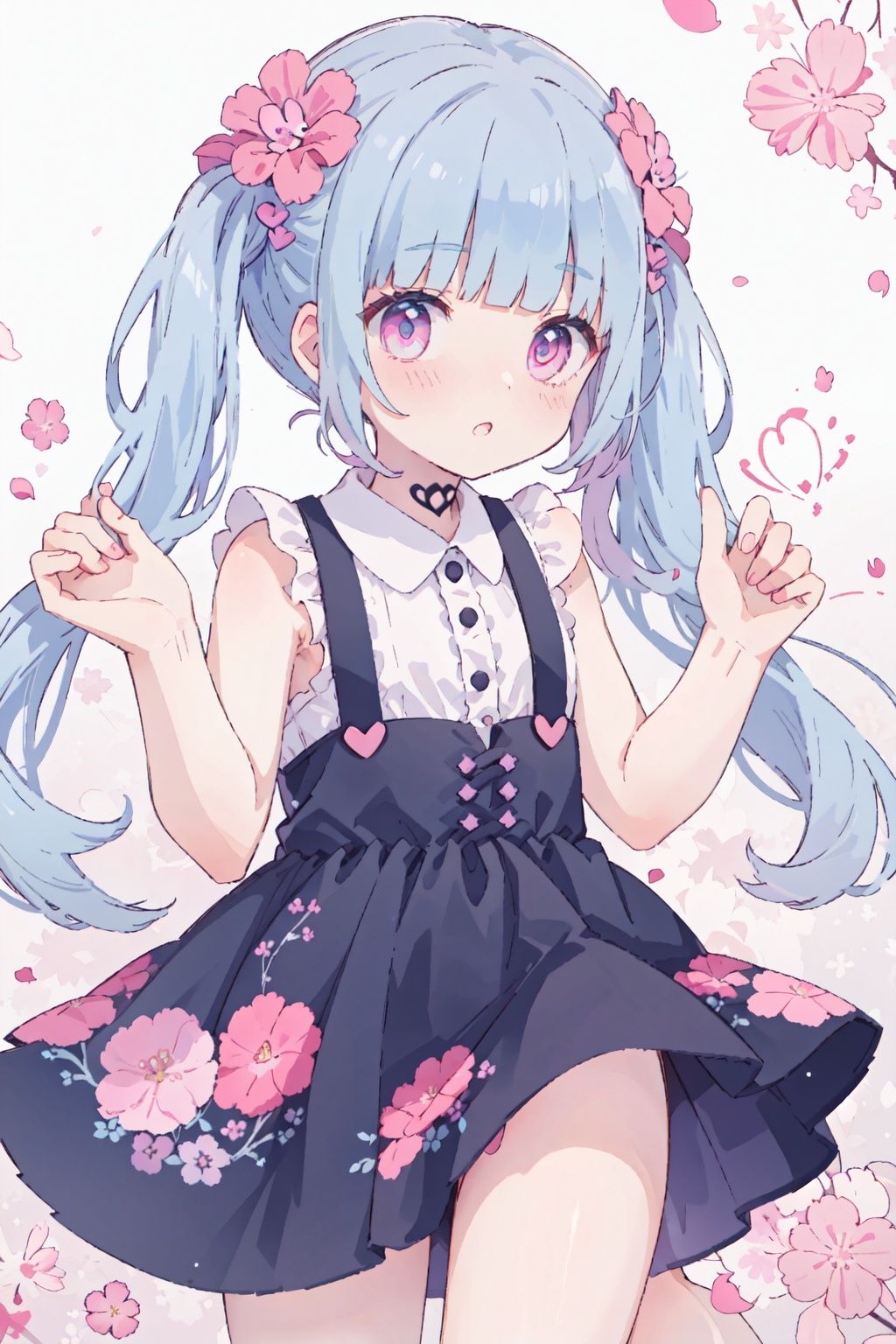 tattoo,Messy hair,long hair, blue hair,twintails,blunt bangs,heart hair ornament,pink eyes,heart-shaped eyes,Floral hair accessories,