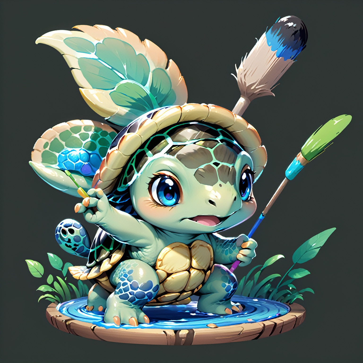  Game icon (jz), Kawaiijeni turtle painter changes its body color to match its energetic painting. Render it in an animated style, focusing on the Jeni turtle's cute large eyes and intricate patterns on its body.