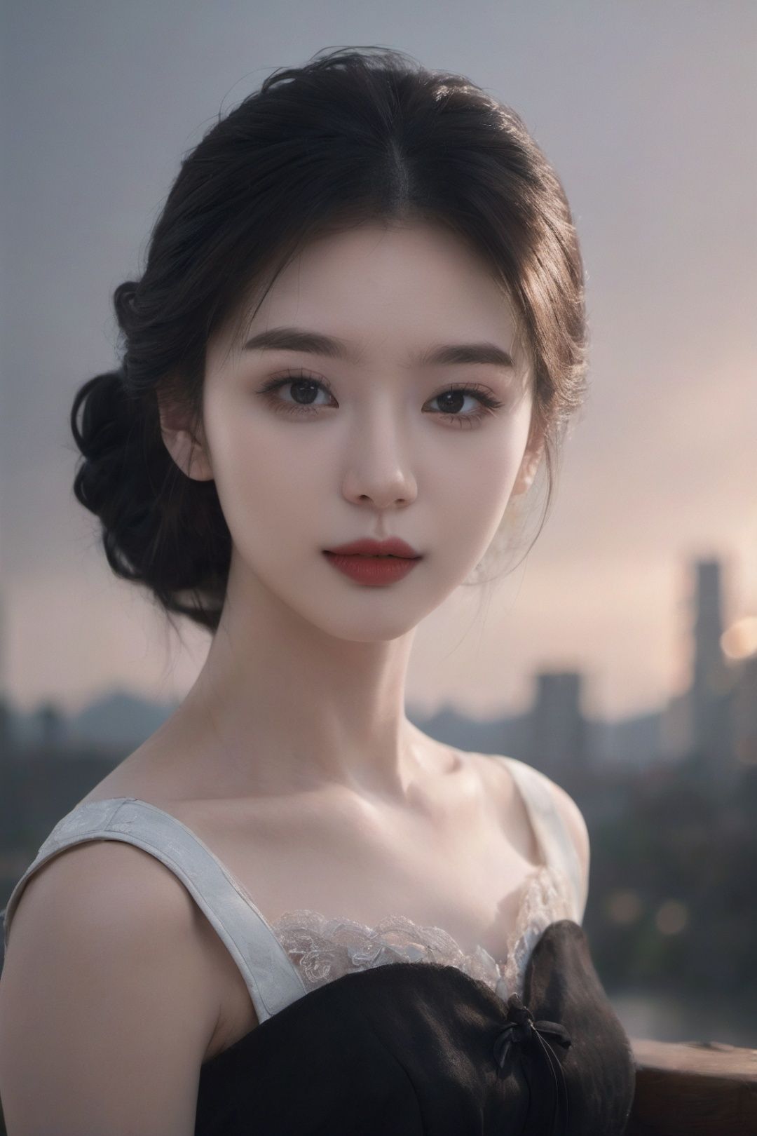 masterpiece, best quality, highres, photorealistic, ((realistic:1.4)), pale skin, (black eyes:1.4), ((sc:2)), 
1girl, solo, dress, close-up, upper body, long hair, updo hairstyle, cowboy shot, looking at viewer, chinese girl, asian girl, beautiful girl, young girl,asian girl,sc