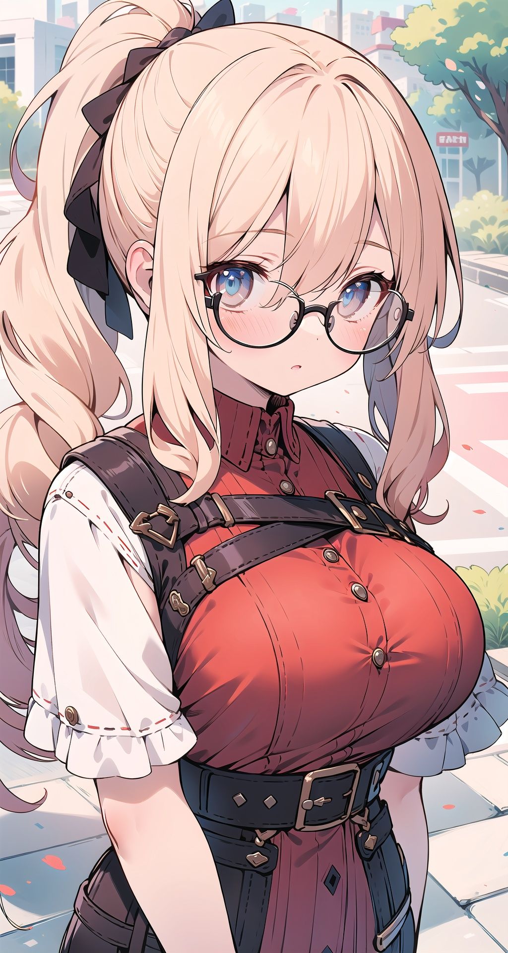 masterpiece,best quality,1girl,long hair,wavy hair,low ponytail,orange hair,large breasts,close-up,outdoors,glasses,alternate costume,