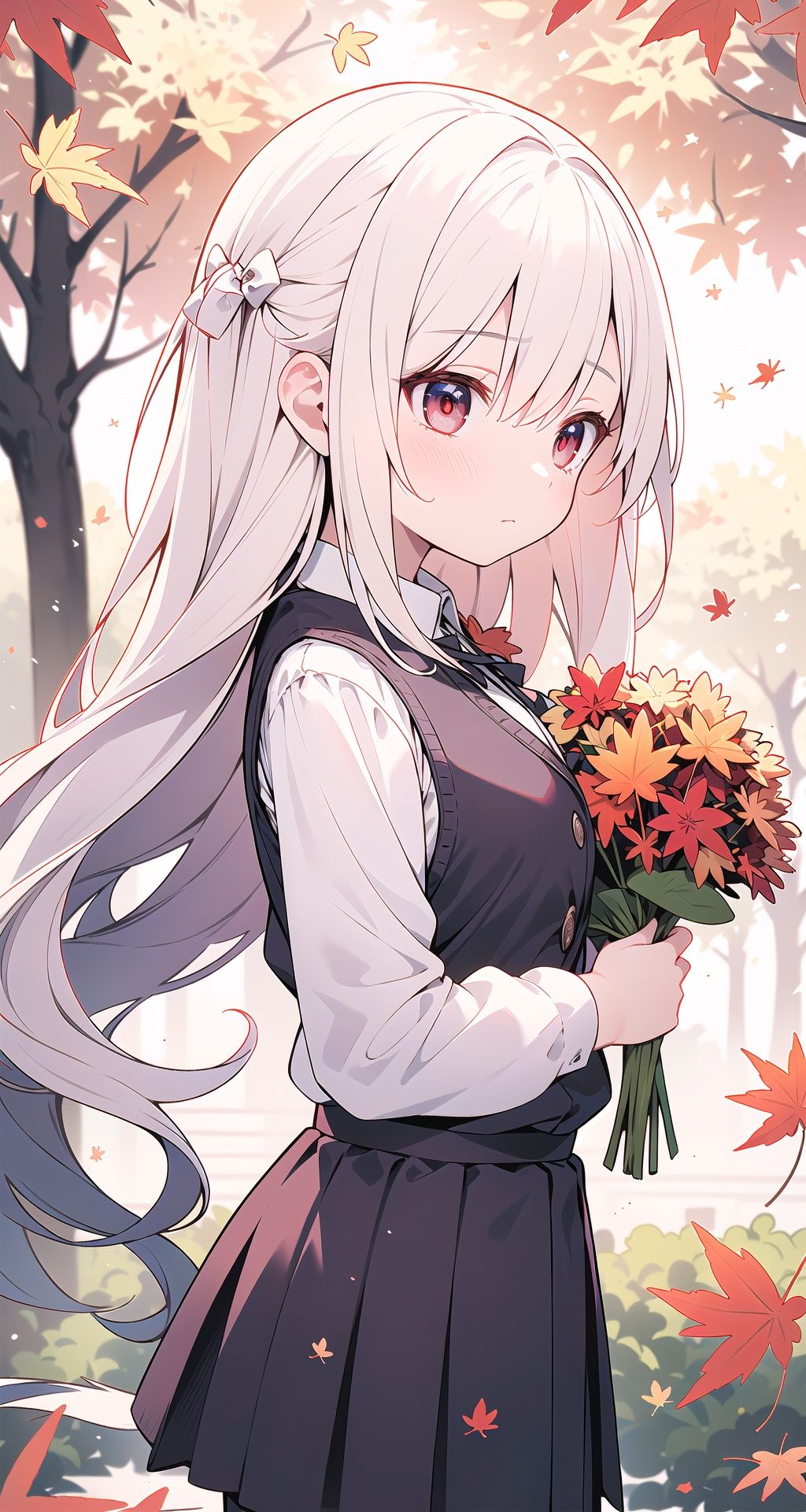 (portrait), (from_side), (looking_away), (turning_head), upper_body, 1girl, solo, loli, petite, white_hair, (very_long_hair), red_eyes, medium_breasts, (closed_mouth), (emotionless), straight_hair, white_shirt, (sweater_vest), (black_pleated_skirt), (white_pantyhose), wind_lift, hair_lift, maple_leaves, maple_tree, falling_leaves, (autumn), branches, bushes, foreground_plants, forest, sunshine, tyndall_effect, praying, (holding_bouquet), ((masterpiece)), (highres), (best_quality), (highly_detailed),  (original),(Delicate background),(extremely detailed 8K wallpaper),cinematic lighting, volume lighting, light particles, shaded_face, beautiful_detailed_eyes, depth_of_field, perspective,  ,