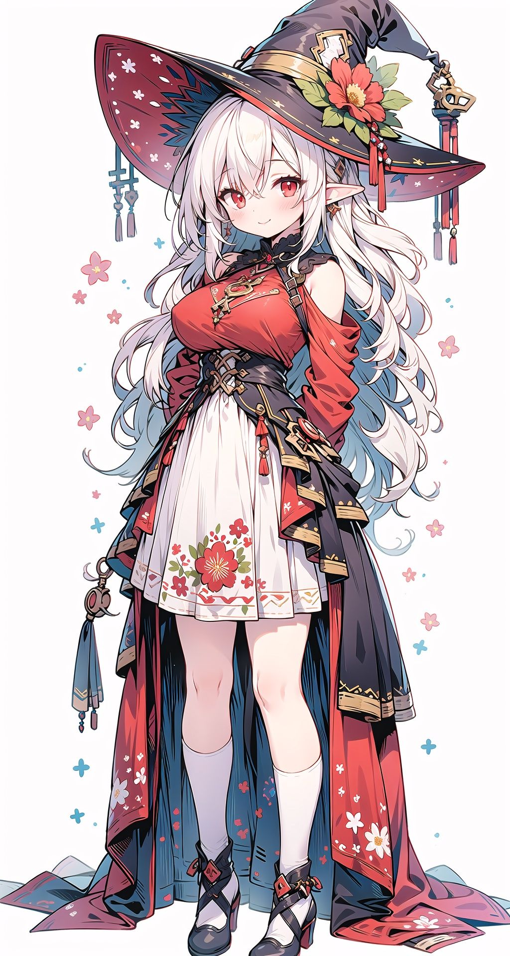 (masterpiece:1.2),(arms behind back:1.2),best quality,game cg,1girl,solo,long hair,white hair,hair ornament,dress,full body,looking at viewer,simple background,red eyes,standing,hair flower,white background,white dress,closed mouth,long sleeves,skirt,wavy hair,blush,large breasts,smile,very long hair,hand up,floral print,witch hat,elf,
