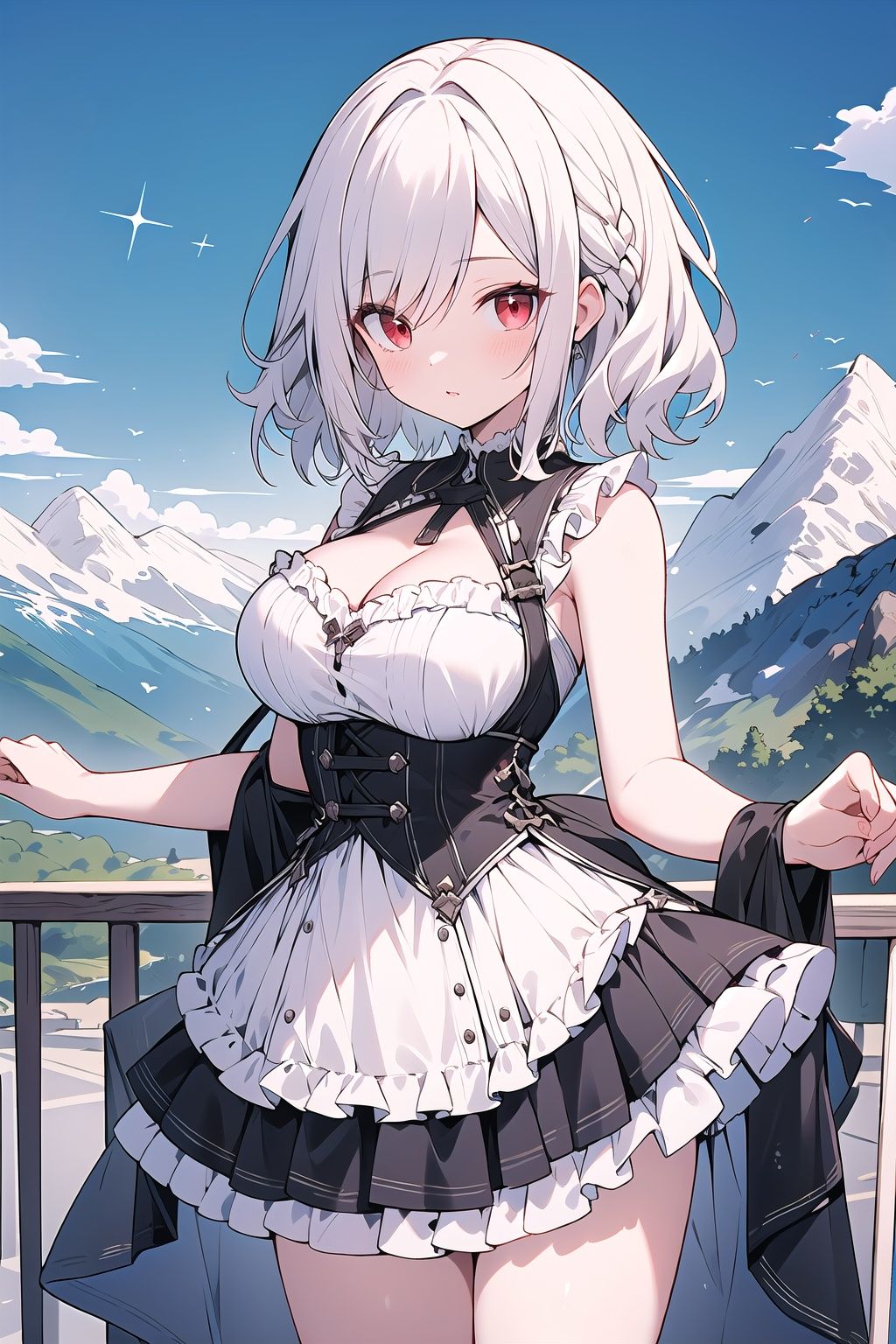 (masterpiece , best quality , high quality , highres , ultra-detailed) , short hair , silver hair , red eyes , wavy hair , breasts , frills , outdoors , mountain , close-up , alternate costume , large breasts ,