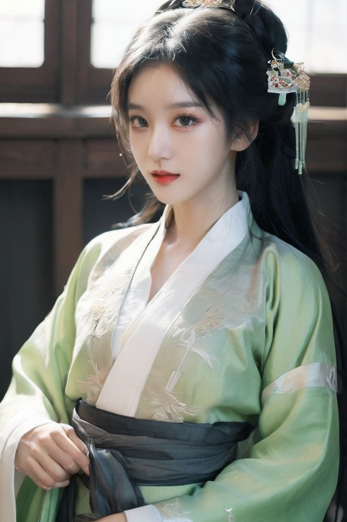 leogirl, cute 1girl, messy long black hair, lip biting, seductive leaning forward, detailed skin, detailed face, cleavage, realistic, photorealistic, ((full body:1.4)), (studio light:1.2), Artgerm, evil smile, choker, ((hanfu, chinese clothes, long skirt, light green robe)), shoes, traditional architecture,((hair ornaments)),