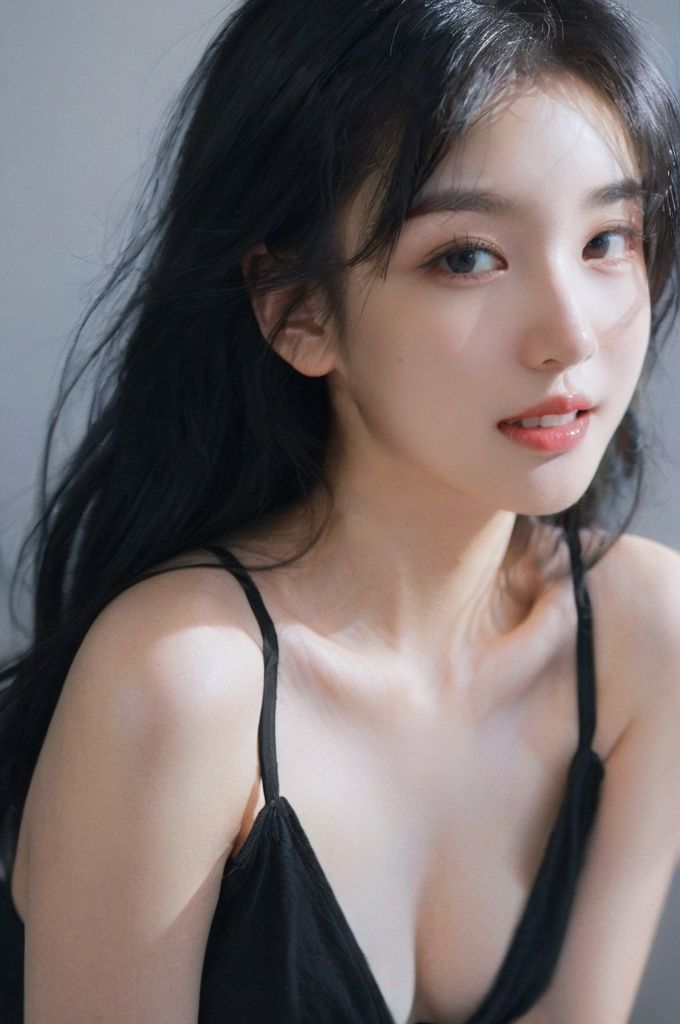 leogirl, cute 1girl, messy long black hair, lip biting, seductive leaning forward, detailed skin, detailed face, cleavage, realistic, photorealistic, (studio light:1.2), Artgerm, evil smile, choker