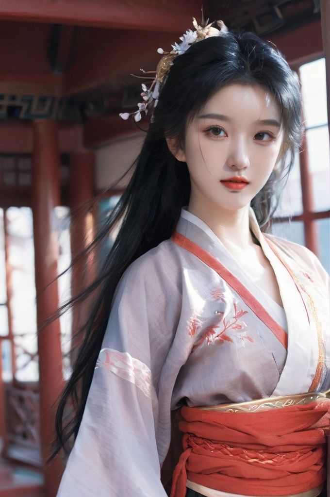 leogirl, cute 1girl, messy long black hair, lip biting, seductive leaning forward, detailed skin, detailed face, realistic, photorealistic, ((full body:1.8)), (studio light:1.2), Artgerm, evil smile, choker, ((hanfu, chinese clothes, long skirt, light red robe)), shoes, traditional architecture,((hair ornaments)), 