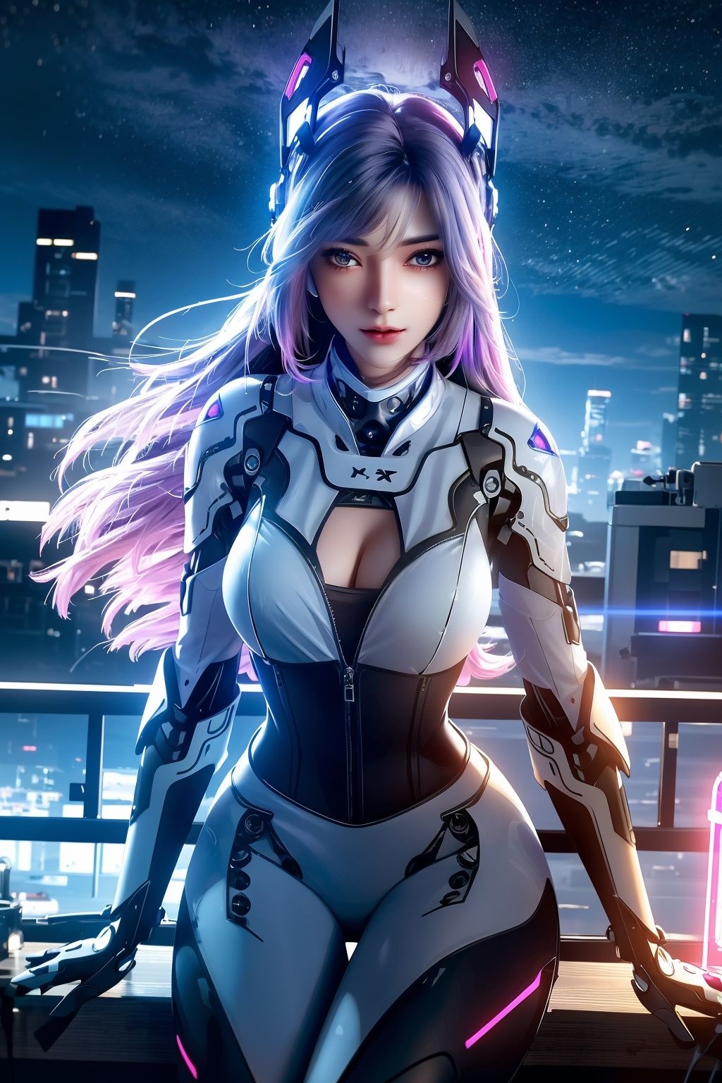 (Masterpiece, Best Picture Quality, Special Effects), Cyberpunk, a high-tech mobile phone with projection function. The phone projects content horizontally on a table, projecting a girl, blue hair, bangs, futuristic style (module),Phone case,xwhd,dark aura,cyber effect, (1girl:1.4),solo,alone,mecha musume,mechanical parts, robot joints,single mechanical arm, headgear, mechanical halo,star halo,intricate mechanical bodysuit, mecha corset, full armor, very long hair,white hair, hair between eyes, multicolored hair, colored inner hair, glowing eye,eye trail, random expressions,random action, pond, starry sky,skyline,Pink Mecha,Cyberworld,yx-hd