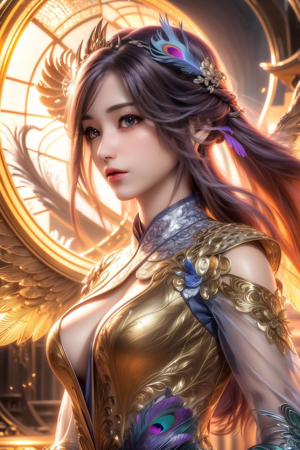 (Hyper Real), (illustration), (high resolution), (8K), (Very detailed), (Best Illustration), (Beautiful detailed eyes), (Best quality), (Super detailed), (Masterpiece), (the wallpaper), (Detailed face), Solo, (Dynamic pose), 1girl,jewelry,wings,dress,crystal,Peacock feathers,1 girl,yuyao,xwhd,yx-hd