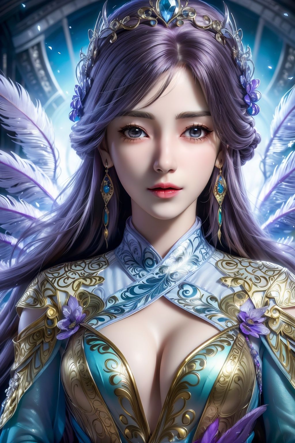 (Hyper Real), (illustration), (high resolution), (8K), (Very detailed), (Best Illustration), (Beautiful detailed eyes), (Best quality), (Super detailed), (Masterpiece), (the wallpaper), (Detailed face), Solo, (Dynamic pose), 1girl,jewelry,wings,dress,crystal,Peacock feathers,1 girl,yuyao,xwhd,yx-hd