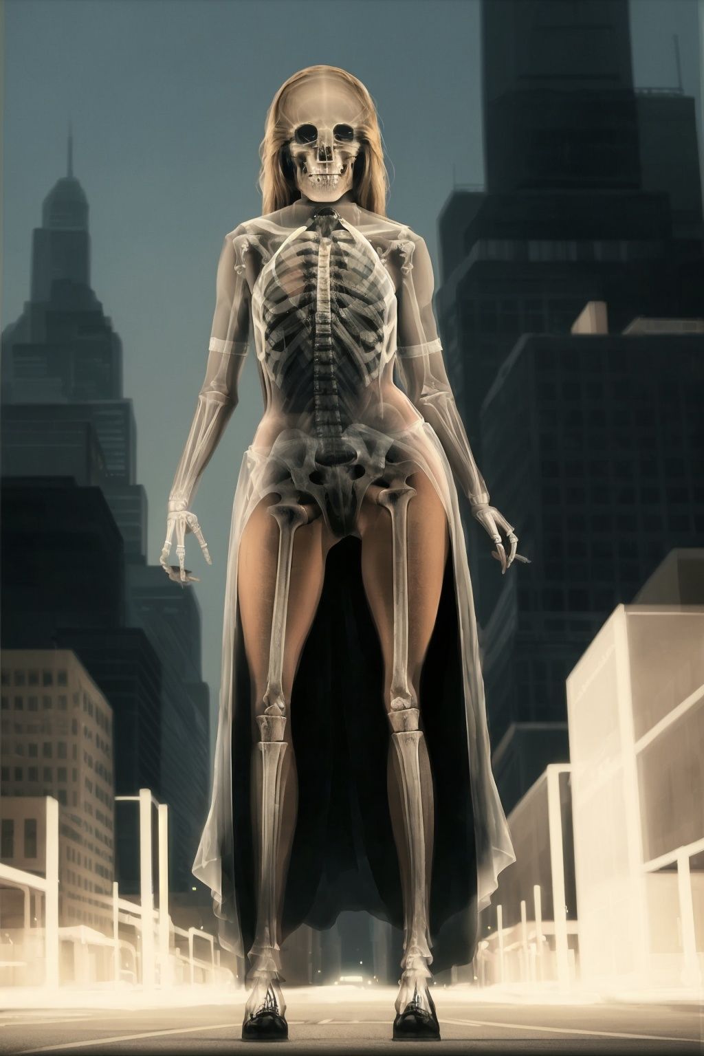 <lora:xcf:1>,xc,innocent,shadow,fantasy,dream,masterpiece,highres,best quality,highly detailed,1woman, upper body,standing,uniform,street,skyscraper,skeleton,night,city lights,