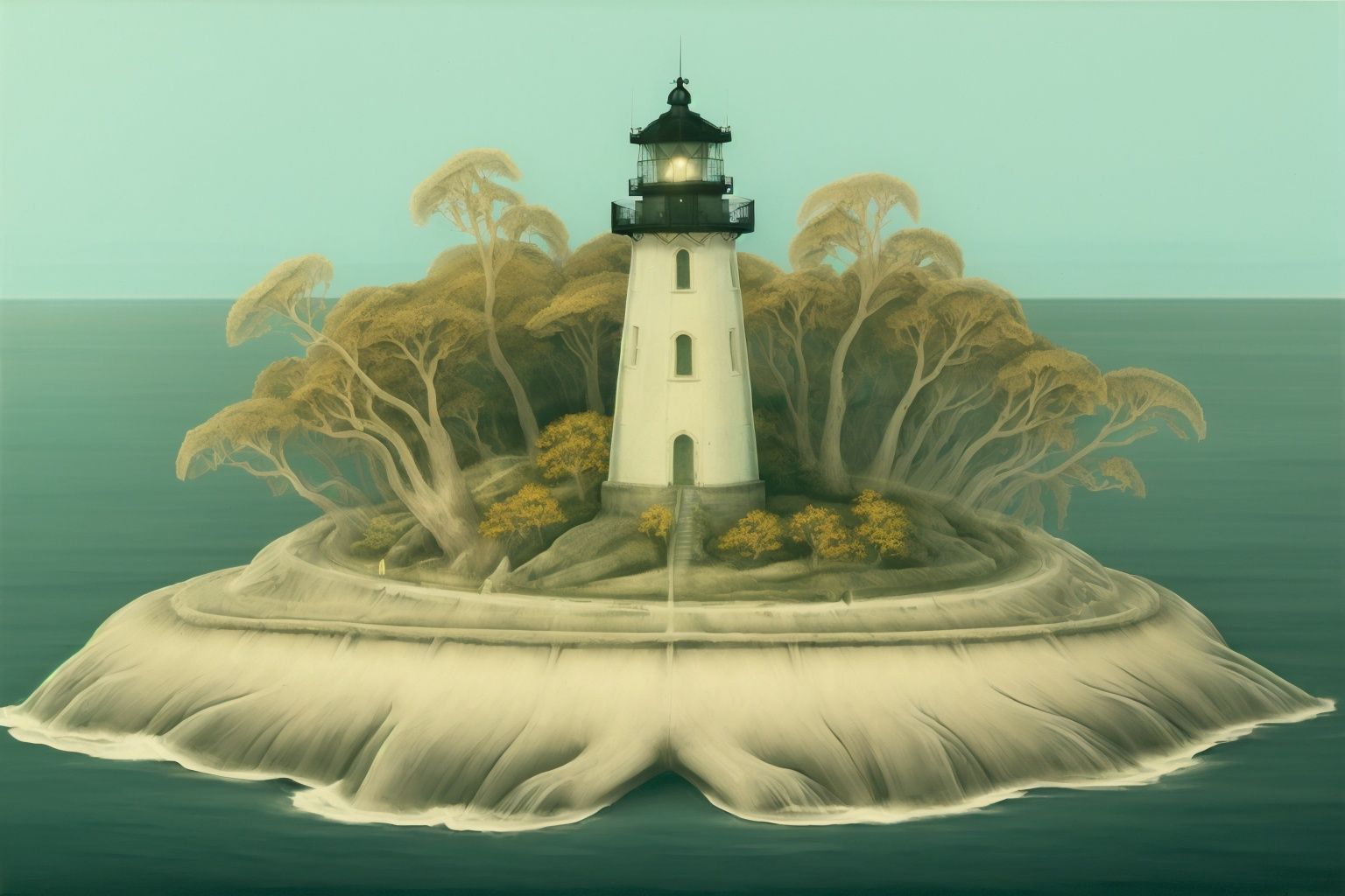 <lora:xcf:1>,xc,innocent,shadow,fantasy,dream,masterpiece,highres,best quality,highly detailed, ocean,lighthouse on the island,forest,town