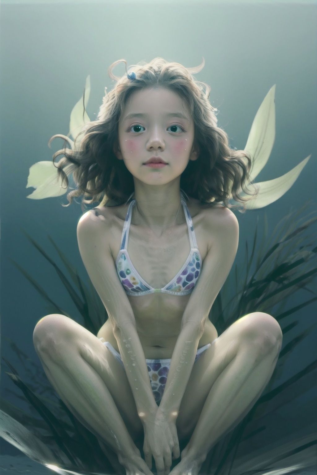 <lora:xcf:1>,xc,1girl,underwater, mass hair,bikini,green atmosphere,aquatic plant,slightly open eyes,full body,curled up,innocent,pearl,shell,colorful bubble, fantasy,dream ,masterpiece, highres, best quality, highly detailed