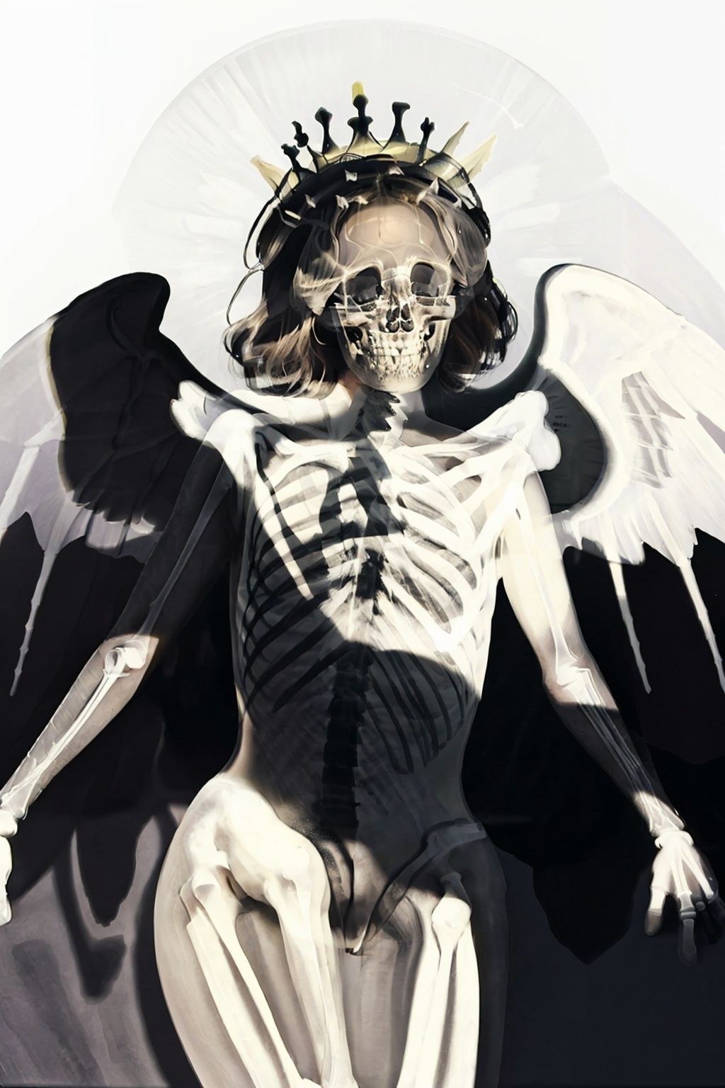 <lora:xcf:1>,xc,innocent,shadow, fantasy,dream,masterpiece, highres, best quality, highly detailed,skeleton,angel,halo,white angel wings,floating souls,twisted colored rays,crown of thorns