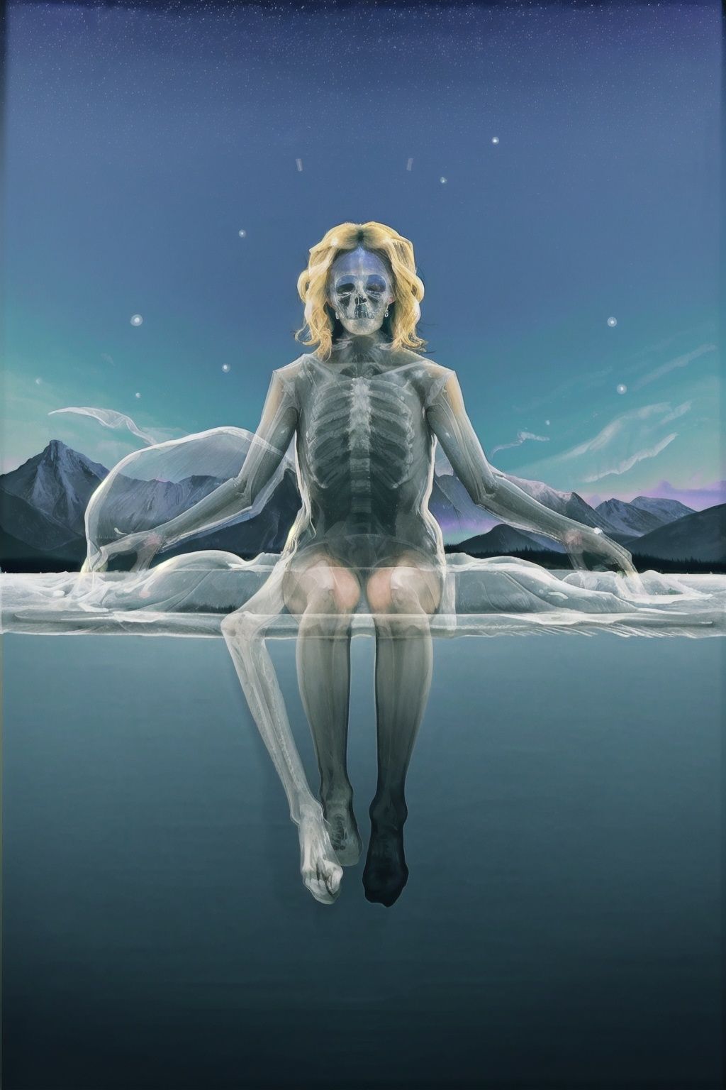 <lora:xcf:1>,xc,innocent,shadow,fantasy,dream,masterpiece,highres,best quality,highly detailed,floating ghosts,twisted colorful rays,mountain,sky,ice lake,snowing,night,aurora