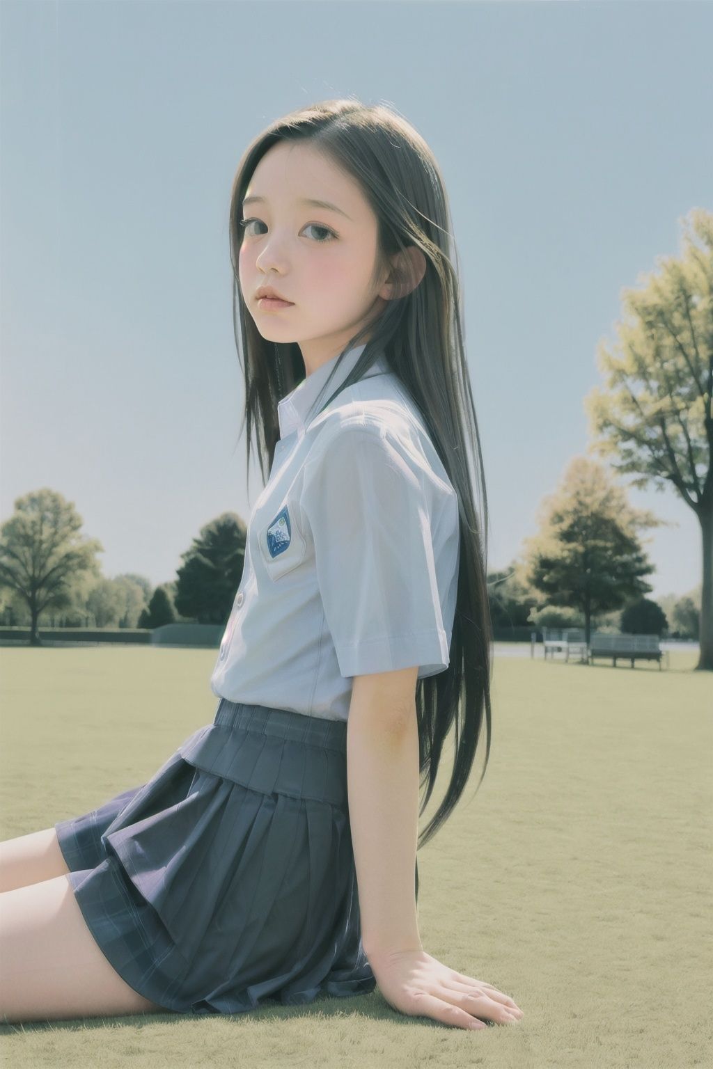 <lora:xcf:1>,xc,1girl,park, long hair,school uniform,trees,sky,from side,sitting,close-up,looking at viewer,sunlight,innocent,colorful shadow, fantasy,dream ,masterpiece, highres, best quality, highly detailed
