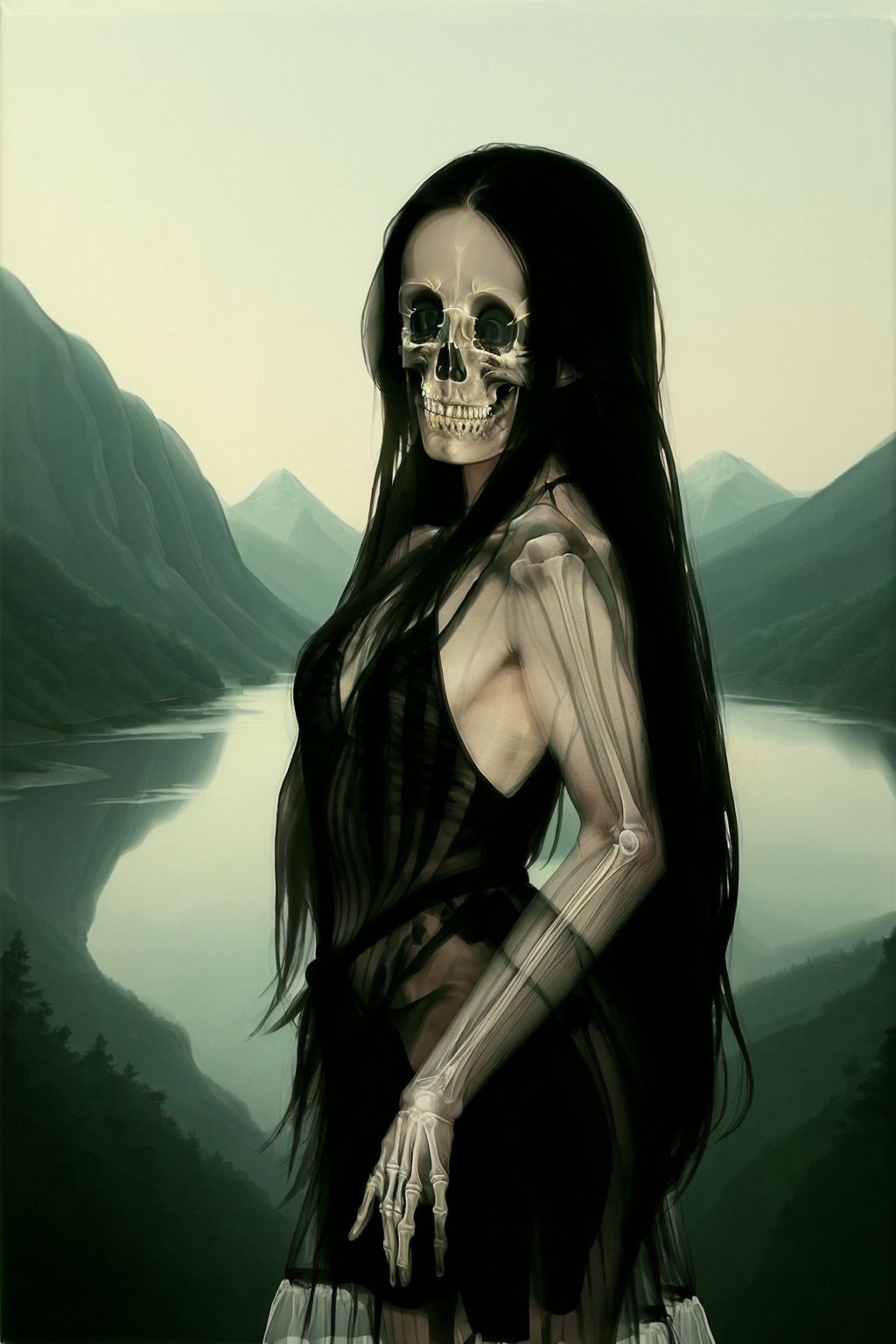 <lora:xcf:1>,xc,innocent,shadow,fantasy,dream,masterpiece,highres,best quality,highly detailed,mountain,river,forest,1woman,very long hair,black hair,standing,flower dress,in water,skeleton