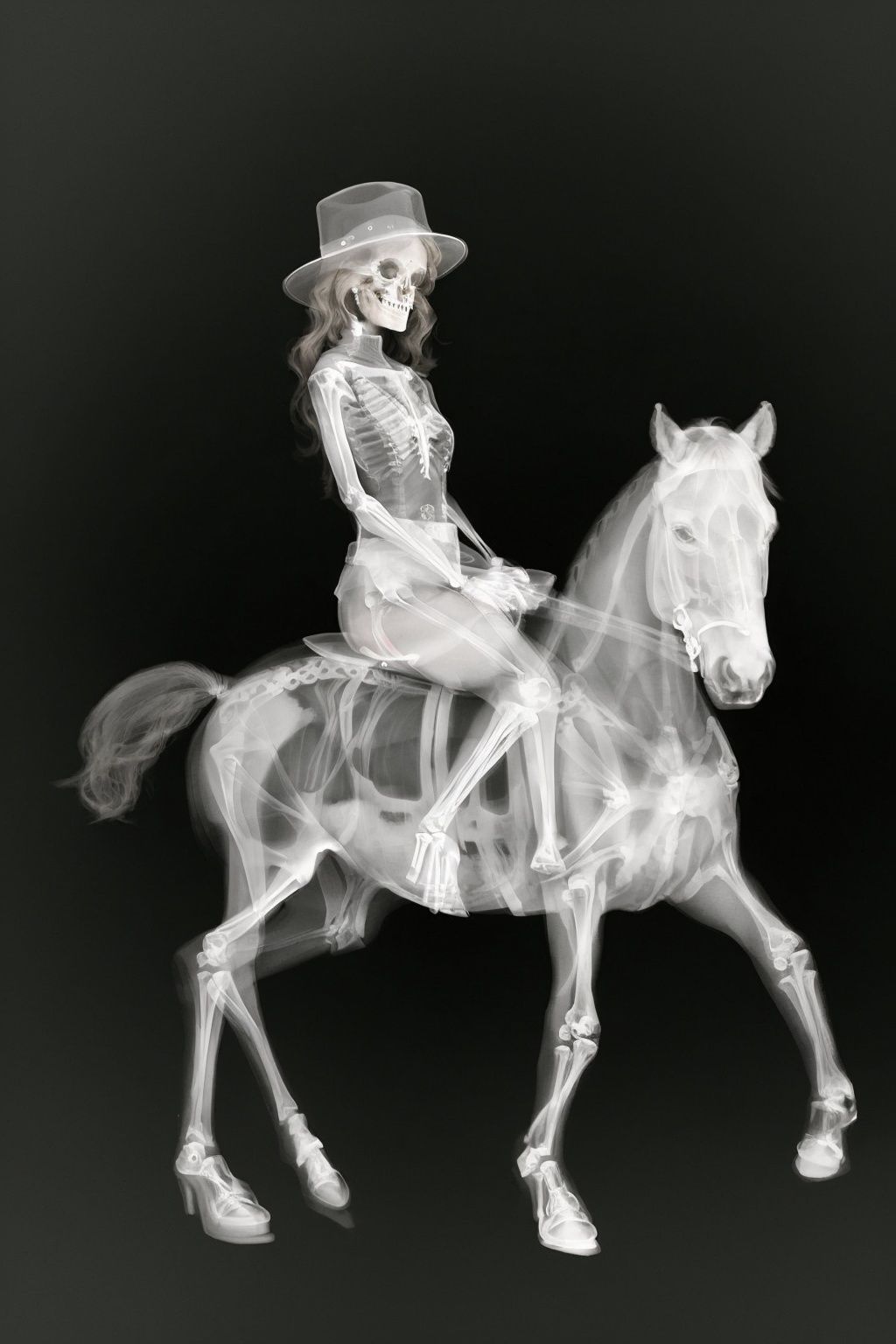 <lora:xcf-000008:1>,xc,a woman sitting on a horse,skeleton,black background