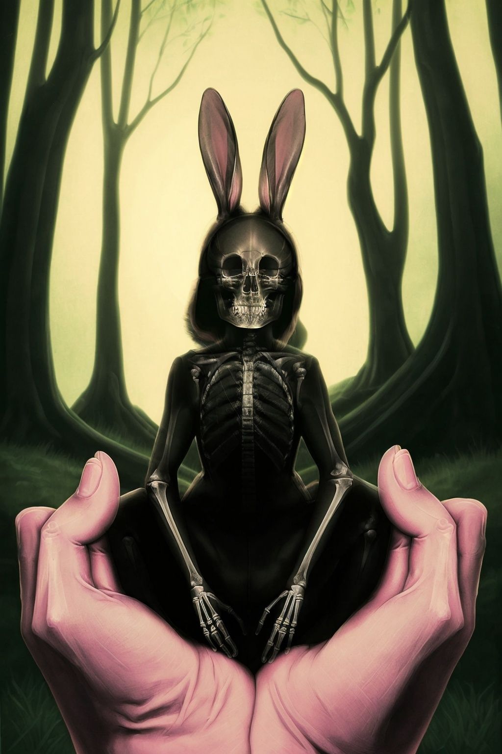 <lora:xcf:1>,xc,innocent,shadow,fantasy,dream,masterpiece,highres,best quality,highly detailed,bunny,forest,river,skeleton,