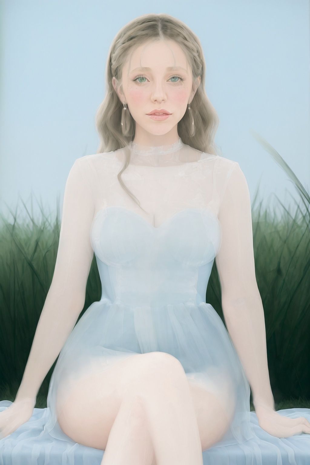 <lora:xcf:1>,xc,innocent,shadow,fantasy,dream,masterpiece,highres,best quality,highly detailed,woman,white dress,park,grass,sitting,blue sky,sunlight, blanket,lazy posture