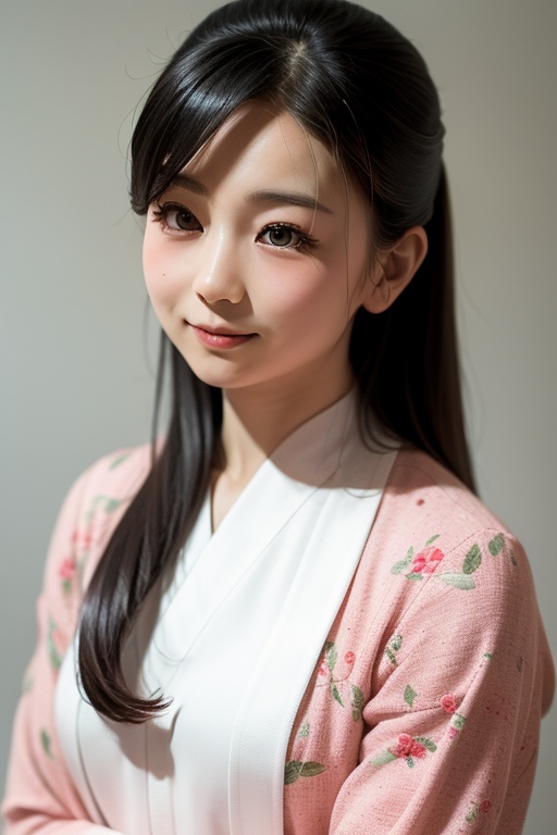 Generate a stunning portrait of a beautiful 8-year-old Japanese girl,  radiating innocence and charm. She has long,  flowi...