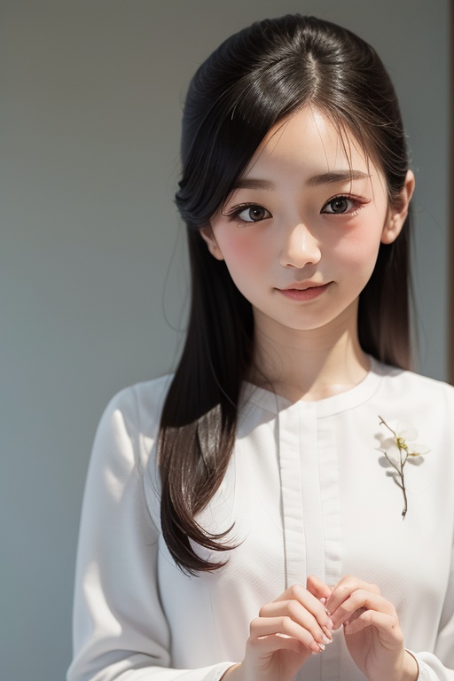 Generate a stunning portrait of a beautiful 8-year-old Japanese girl,  radiating innocence and charm. She has long,  flowi...