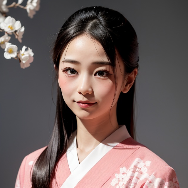 A stunning portrait of an 8-year-old Japanese girl,  radiating beauty and innocence. She has long,  flowing black hair on...