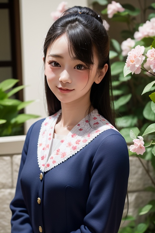 Generate a stunning portrait of an 8-year-old Japanese girl,  radiating beauty and innocence. She has long,  flowing black...