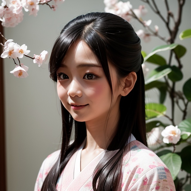 A stunning portrait of an 8-year-old Japanese girl,  radiating beauty and innocence. She has long,  flowing black hair on...