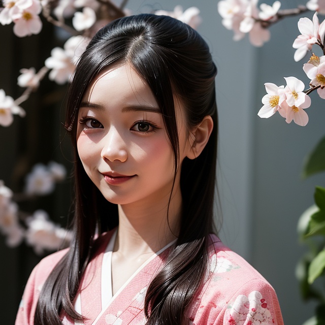 A stunning portrait of an 8-year-old Japanese girl,  radiating beauty and innocence. She has long,  flowing black hair on...
