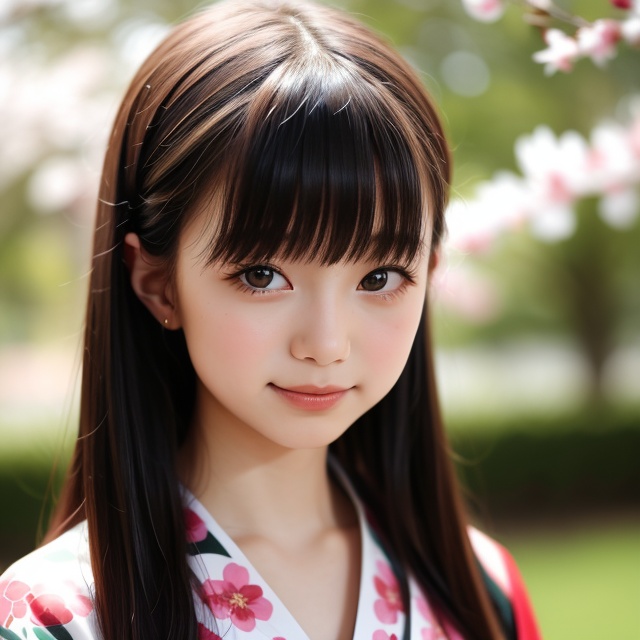 A stunning portrait of an 8-year-old Japanese girl,  radiating beauty and innocence. She has long,  flowing black hair on...