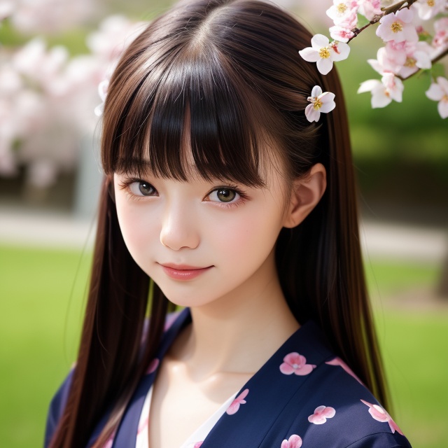 A stunning portrait of an 8-year-old Japanese girl,  radiating beauty and innocence. She has long,  flowing black hair on...