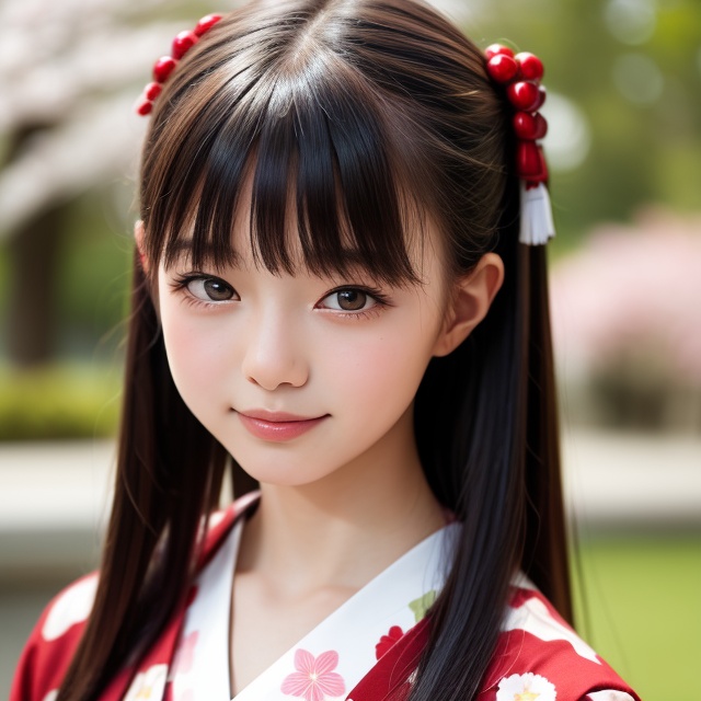 A stunning portrait of an 8-year-old Japanese girl,  radiating beauty and innocence. She has long,  flowing black hair on...