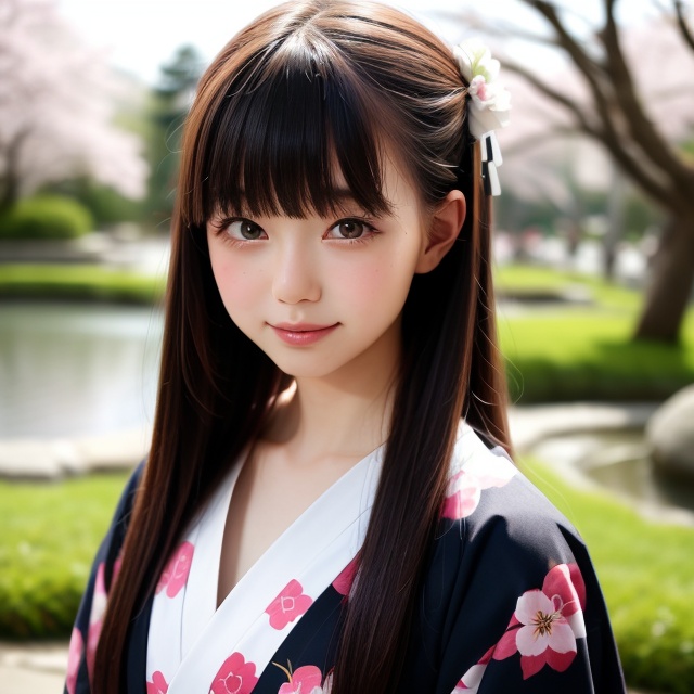 A stunning portrait of an 8-year-old Japanese girl,  radiating beauty and innocence. She has long,  flowing black hair on...