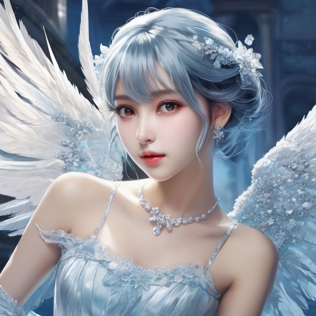 (((masterpiece))),best quality, illustration,(beautiful detailed girl),beautiful detailed glow,detailed ice,beautiful detailed water,(beautiful detailed eyes),expressionless,beautiful detailed white gloves, (floating palaces:1.3),azure hair,disheveled hair,long bangs, hairs between eyes, (skyblue dress),black ribbon,white bowties,midriff,half closed eyes,,big forhead,blank stare,flower,large top sleeves,(((ice crystal texture wings))), <lora:shiwei:0.6>