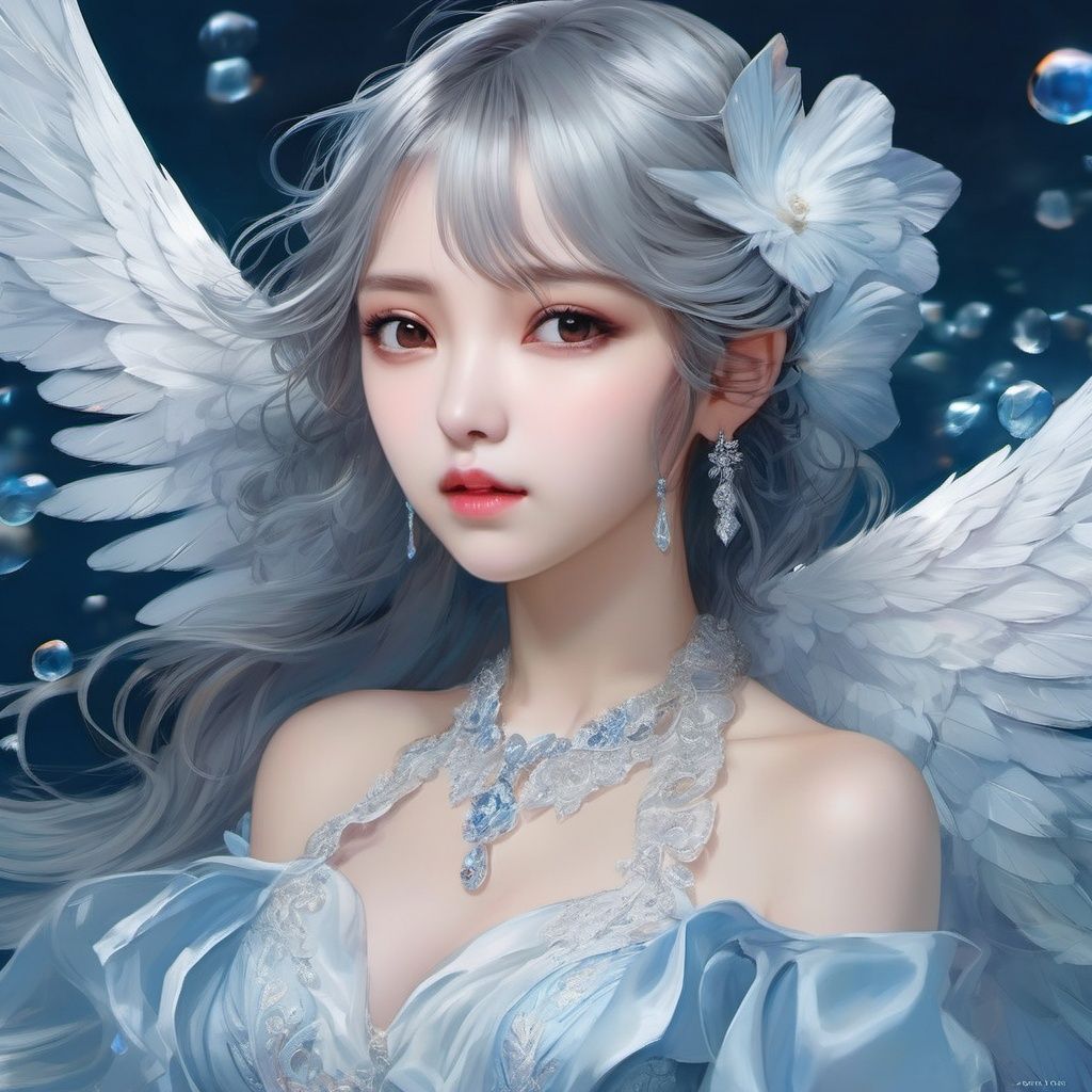 (((masterpiece))),best quality, illustration,(beautiful detailed girl),beautiful detailed glow,detailed ice,beautiful detailed water,(beautiful detailed eyes),expressionless,beautiful detailed white gloves, (floating palaces:1.3),azure hair,disheveled hair,long bangs, hairs between eyes, (skyblue dress),black ribbon,white bowties,midriff,half closed eyes,,big forhead,blank stare,flower,large top sleeves,(((ice crystal texture wings))), <lora:shiwei:0.6>