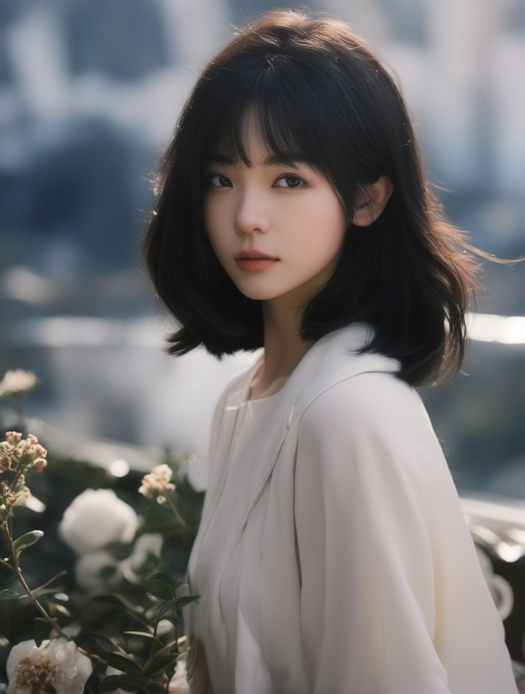 1girl,black hair,floating hair,looking at viewers,((front)),upper body,soft light,dark style,{{masterpiece}},{{{best quality}}},{{ultra-detailed}},{{illustration}},{{disheveled hair}},depth of field (dof),Close-Up(CU),(by artist Aliza Razell:1.5),real photos,<lora:FUJI_SDXL_V1.1:0.7>,normal body ratio,
