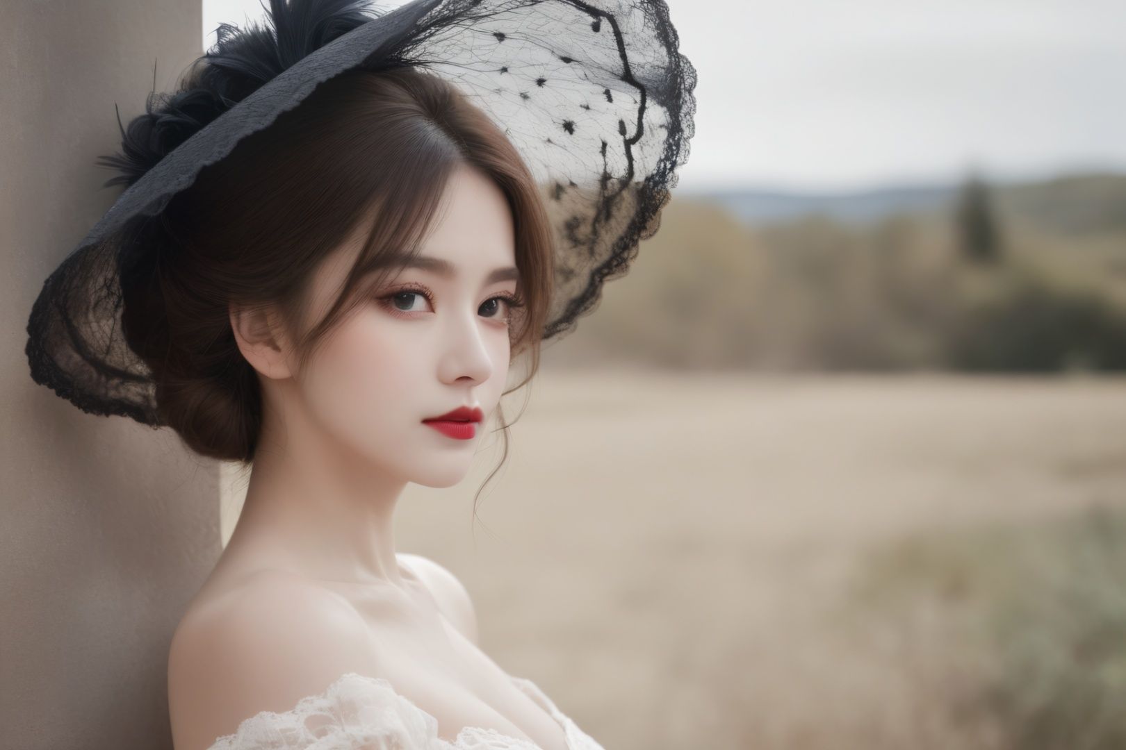 1girl,outdoors,solo,.sexy pose,pensive woman,voluminous dress,intricate lace,embroidered gloves,feathered hat,curled hairdo,pale skin,minimal makeup,tender smile,dainty neckline,nostalgic atmosphere,still life,
black hair,black pupil,red lips,,
