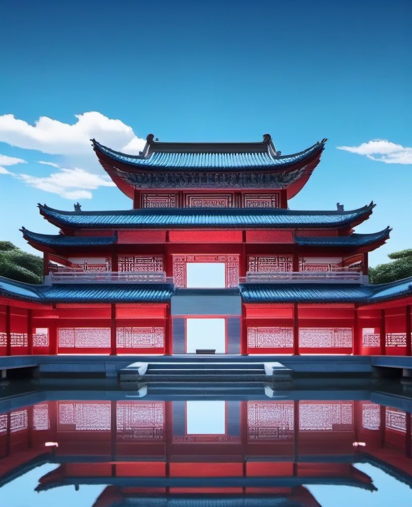 jingjing, no humans, sky, blue sky, scenery, outdoors, architecture, reflection, east asian architecture, day, water, building, bridge, shrine,<lora:sdxl_jingjing_v2-000004:1>