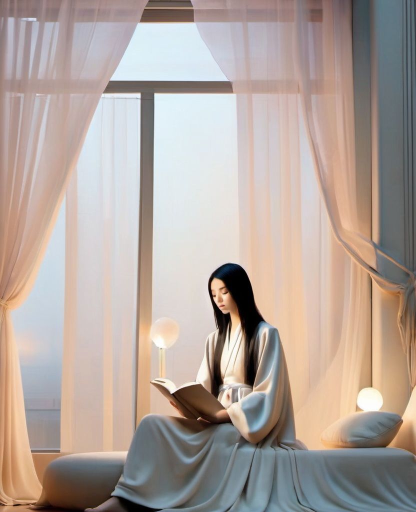 jingjing, 1girl, solo, sitting, black hair, book, profile, indoors, long hair, long sleeves, robe, light, lamp, curtains, closed eyes,<lora:sdxl_jingjing_v2-000004:1>