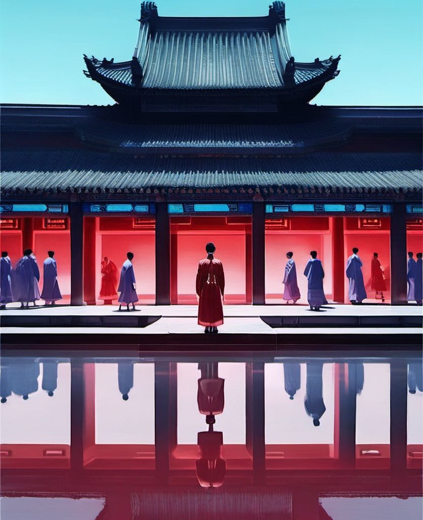 jingjing, chinese clothes, architecture, east asian architecture, black hair, kimono, reflection, standing, hakama, walking, sky, outdoors, multiple boys, scenery,<lora:sdxl_jingjing_v2-000005:1>,