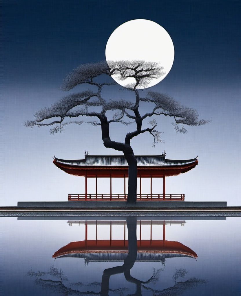 jingjing, no humans, tree, moon, full moon, architecture, bare tree, reflection, east asian architecture, scenery, night, outdoors, sky,<lora:sdxl_jingjing_v2-000005:1>,
